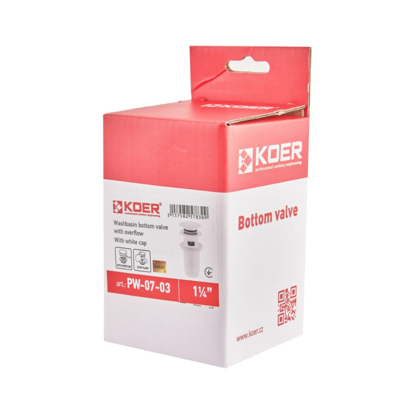 Донный клапан для раковины Koer PW-07-03 1 1/4'' с переливом автоматический СLICK-СLACK (Цвет белый) (KR5783)