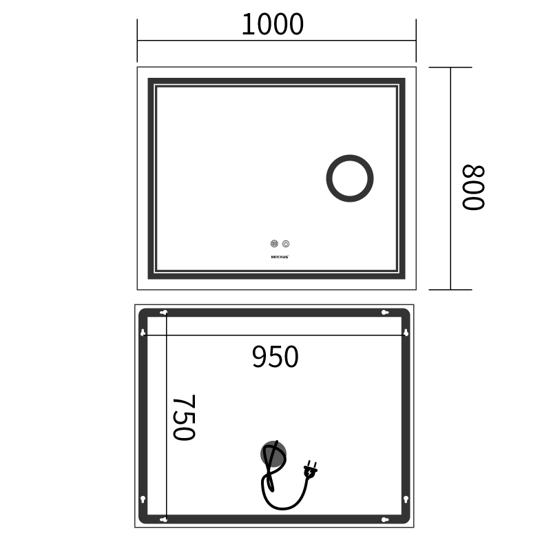 Зеркало Mixxus Premium QUADRO MR20-100x80 с Led Touch, Anti-fog, димером, регулятором яркости, линзой (MP6623)