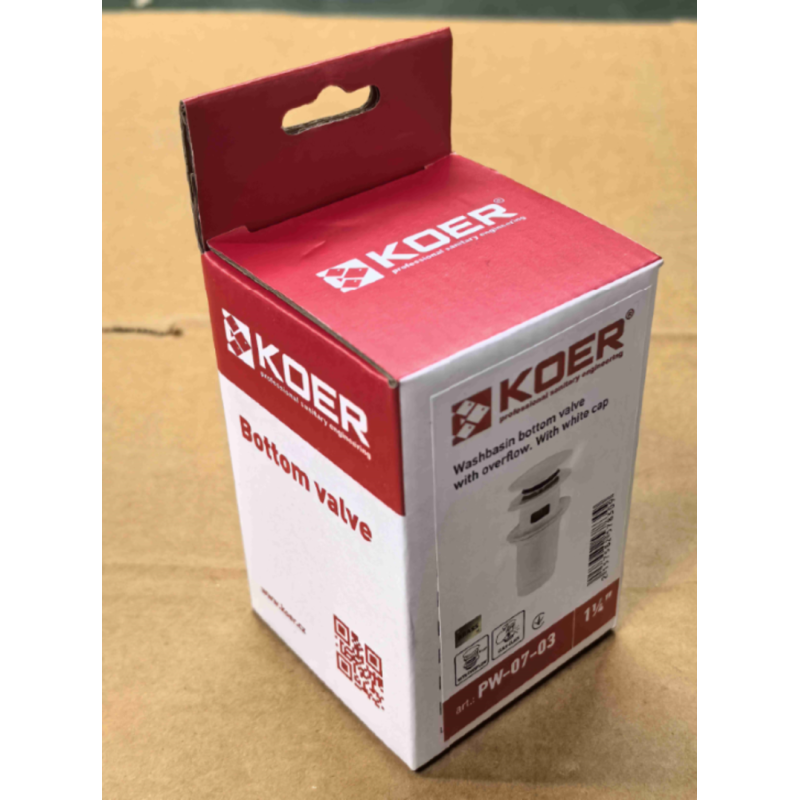 Донный клапан для раковины Koer PW-07-03 1 1/4'' с переливом автоматический СLICK-СLACK (Цвет белый) (KR5783)