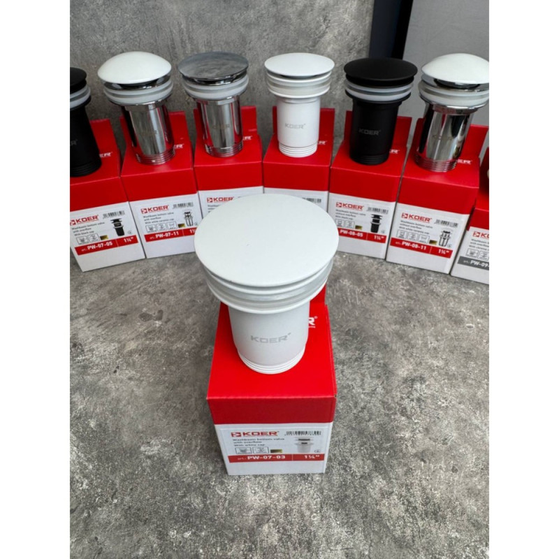 Донный клапан для раковины Koer PW-07-03 1 1/4'' с переливом автоматический СLICK-СLACK (Цвет белый) (KR5783)