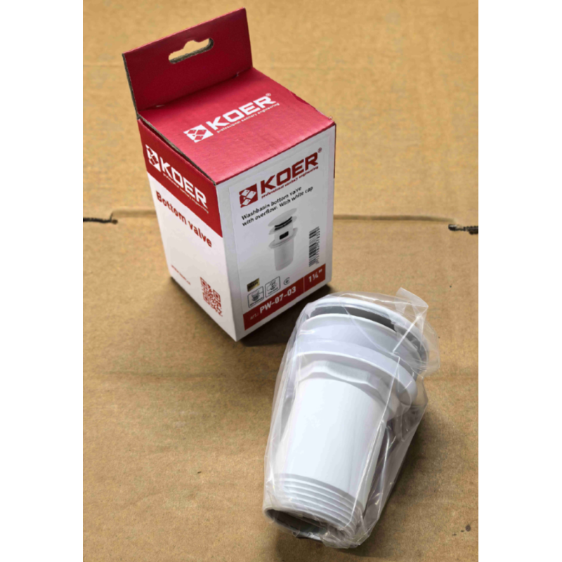 Донный клапан для раковины Koer PW-07-03 1 1/4'' с переливом автоматический СLICK-СLACK (Цвет белый) (KR5783)