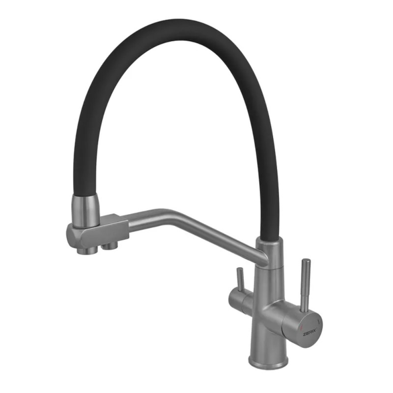 Смеситель для кухни с силиконовым изливом Zerix FUL-021 Graphite Refl.Black из нерж. стали SUS304 с выходом для пит.воды (ZX5999)