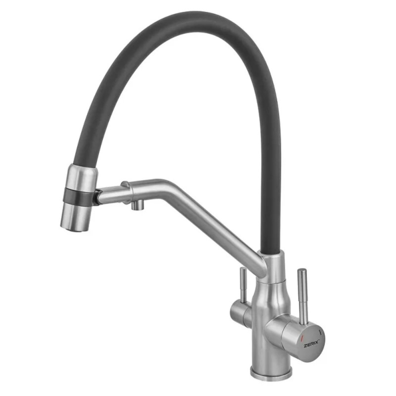 Смеситель для кухни с силиконовым изливом Zerix MAG-021 Refl.Black из нерж. стали SUS304 с выходом для пит.воды (изл.черный) (ZX6003)