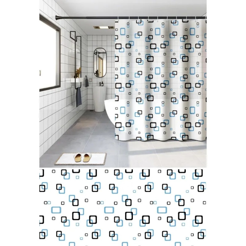 Шторка для ванной Zerix SCP-002-180x180 из PEVA (полиэтиленвинилацетата) (Узор "Квадраты" сине-голубые) (ZX5001)
