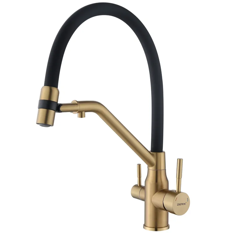 Смеситель для кухни с силиконовым изливом Zerix MAG-021 Brushed Gold Refl.Black из нерж. стали SUS304 с выходом для пит.воды (ZX6007)