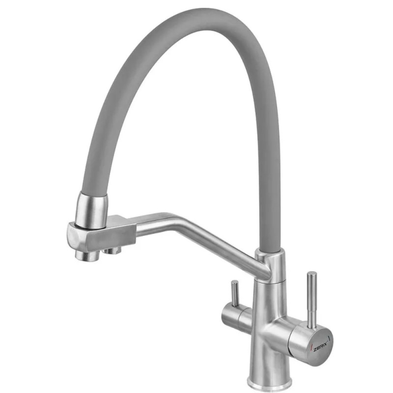 Смеситель для кухни с силиконовым изливом Zerix FUL-021 Refl.Gray из нерж. стали SUS304 с выходом для пит.воды (ZX5998)