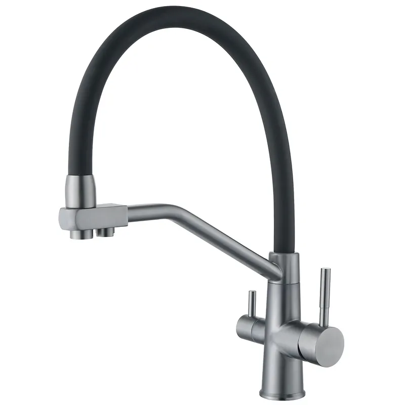 Смеситель для кухни с силиконовым изливом Zerix FUL-021 Graphite Refl.Black из нерж. стали SUS304 с выходом для пит.воды (ZX5999)