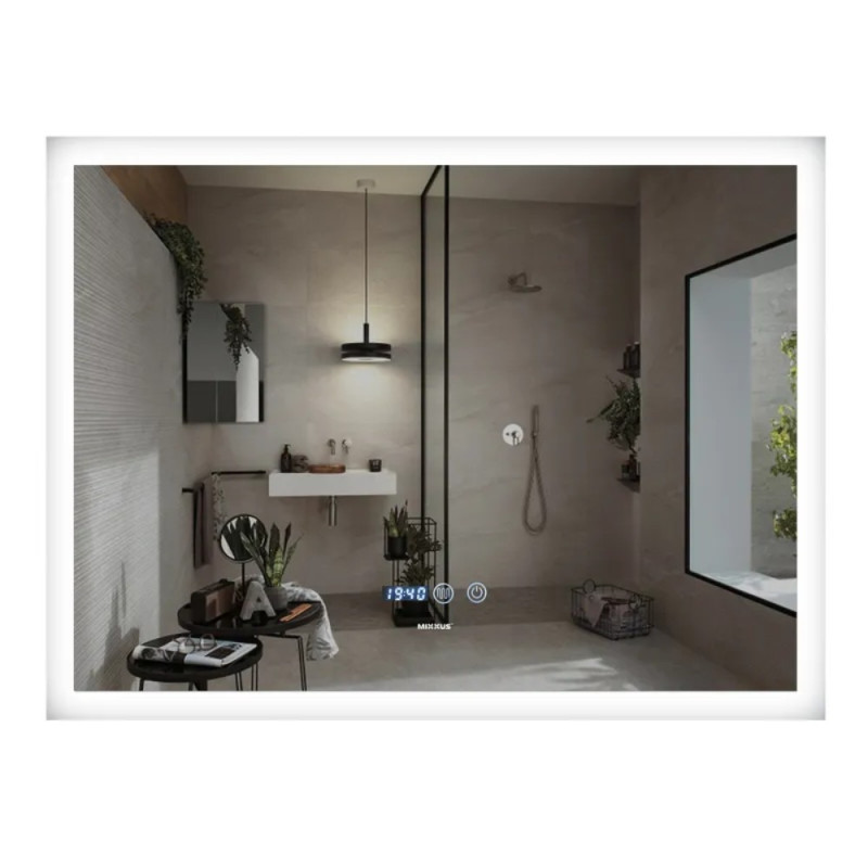 Зеркало Mixxus FLAT MR04-80x60 с Led Touch, Anti-fog, димером, регулятором яркости, часами (MI6928)
