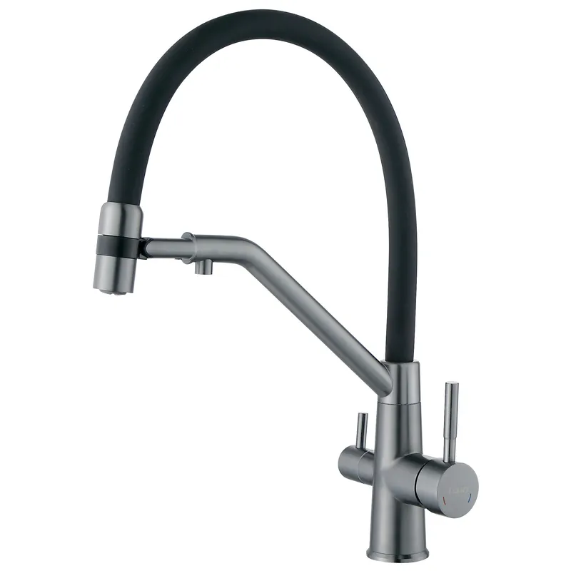 Смеситель для кухни с силиконовым изливом Zerix MAG-021 Graphite Refl.Black из нерж. стали SUS304 с выходом для пит.воды (ZX6005)