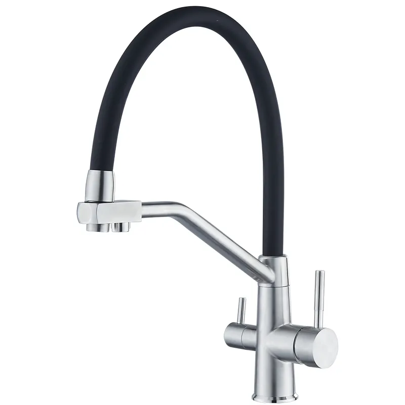 Смеситель для кухни с силиконовым изливом Zerix FUL-021 Refl.Black из нерж. стали SUS304 с выходом для пит.воды (ZX5997)