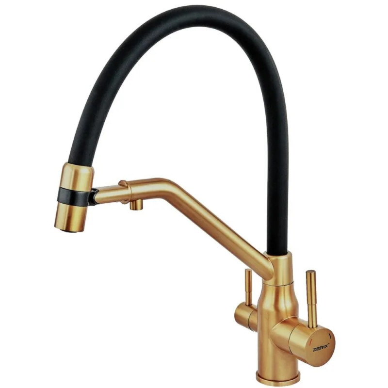 Смеситель для кухни с силиконовым изливом Zerix MAG-021 Brushed Gold Refl.Black из нерж. стали SUS304 с выходом для пит.воды (ZX6007)