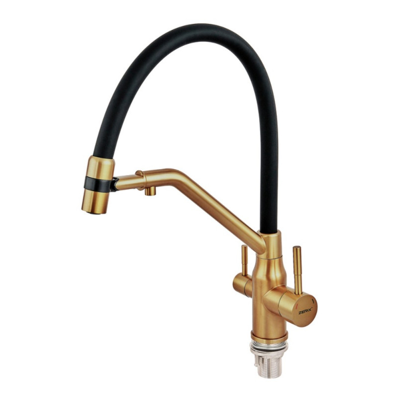 Смеситель для кухни с силиконовым изливом Zerix MAG-021 Brushed Gold Refl.Black из нерж. стали SUS304 с выходом для пит.воды (ZX6007)