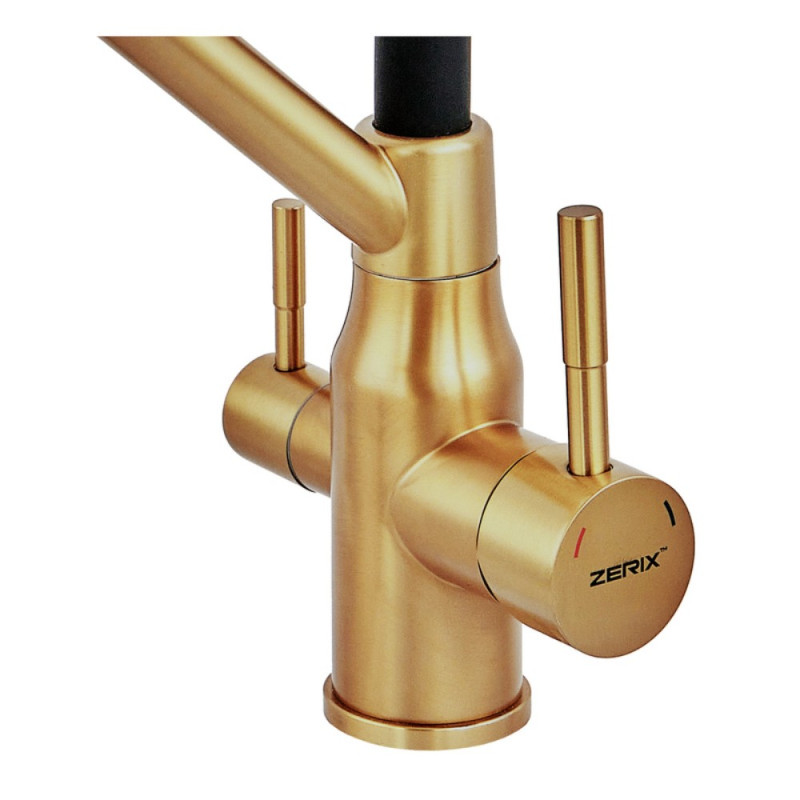 Смеситель для кухни с силиконовым изливом Zerix MAG-021 Brushed Gold Refl.Black из нерж. стали SUS304 с выходом для пит.воды (ZX6007)
