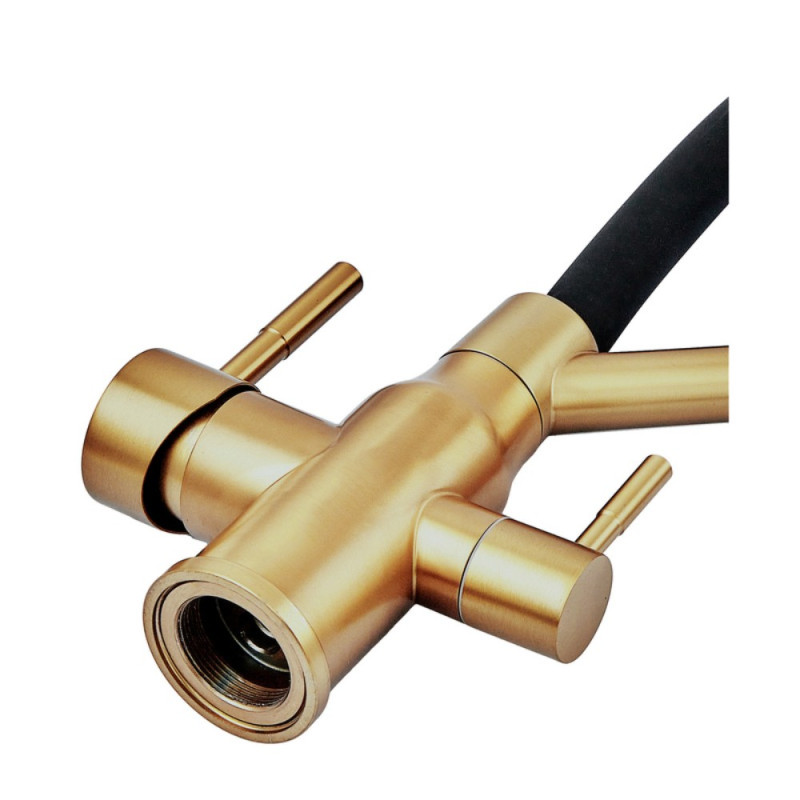 Смеситель для кухни с силиконовым изливом Zerix MAG-021 Brushed Gold Refl.Black из нерж. стали SUS304 с выходом для пит.воды (ZX6007)