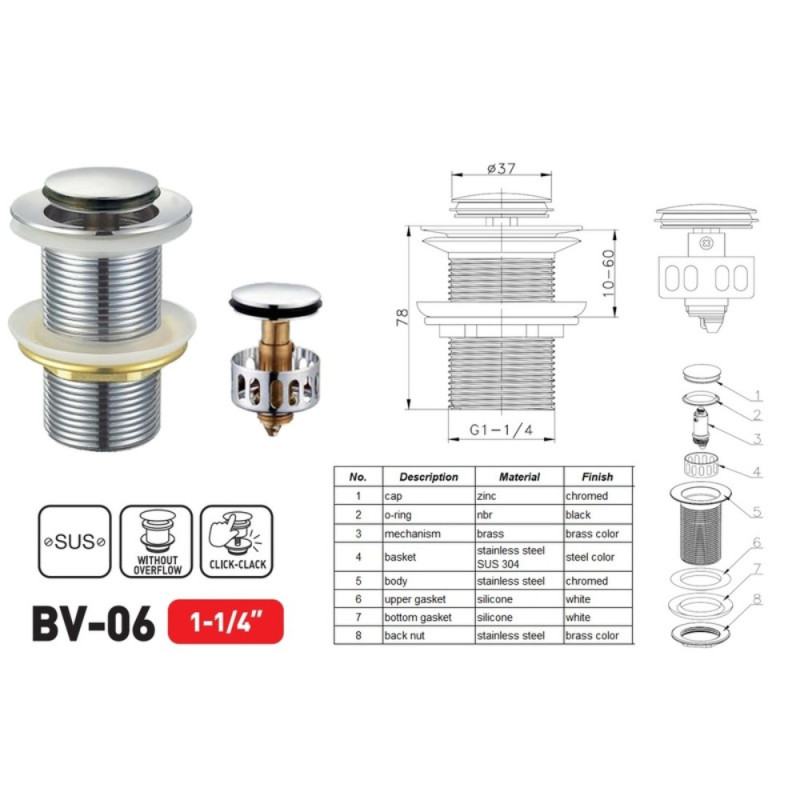 Донный клапан для раковины Zerix BV-06 1 1/4'' без перелива автоматический СLICK-СLACK (Цвет хром) (ZX6023)