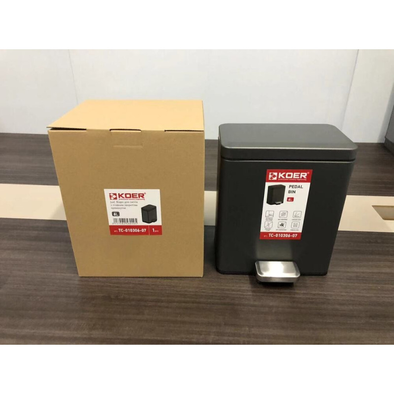 Відро для сміття з плавним закриттям прямокутне Koer TC-010306-07 6 л колір графіт (KR5602)