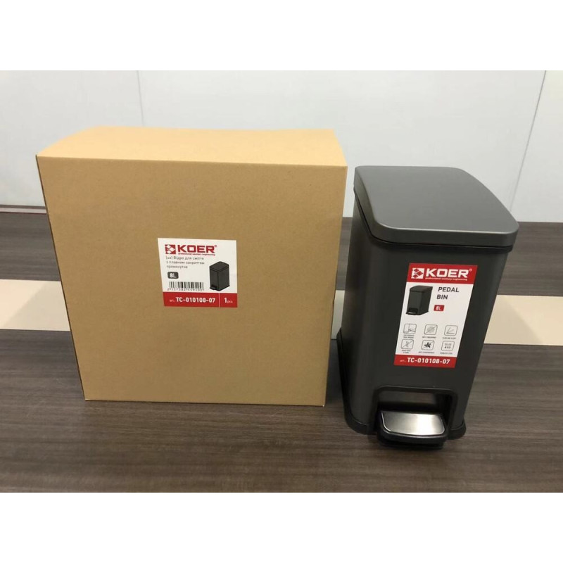 Відро для сміття з плавним закриттям прямокутне Koer TC-010108-07 8 л колір графіт (KR5591)