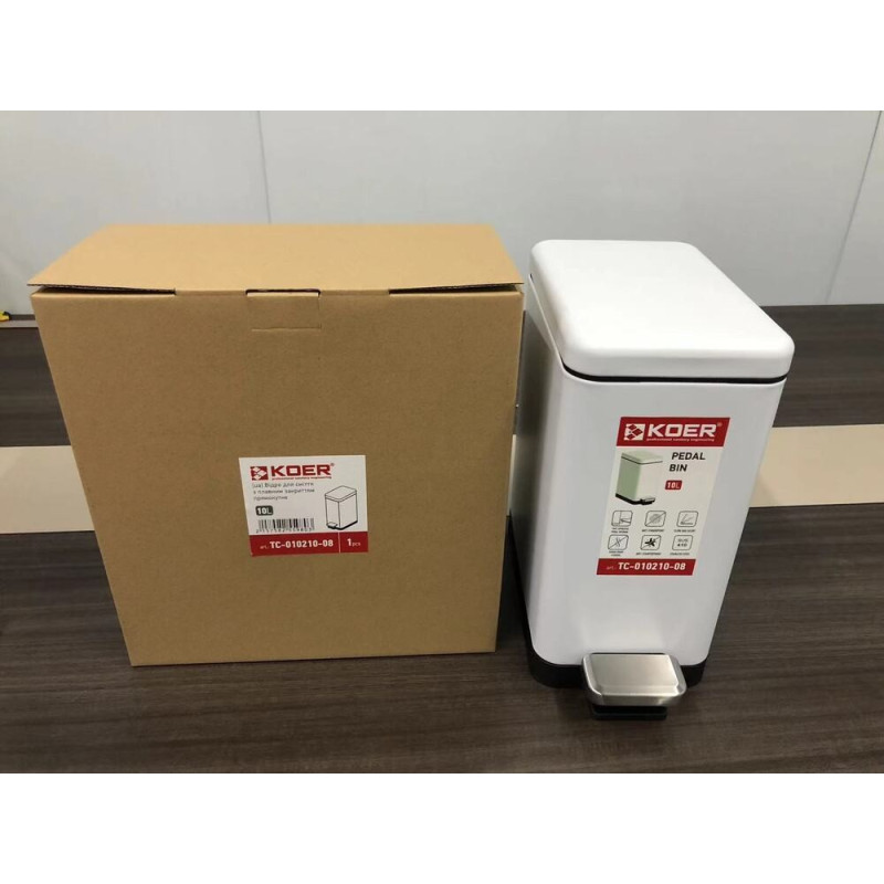 Відро для сміття з плавним закриттям прямокутне Koer TC-010210-08 10 л колір білий (KR5598)