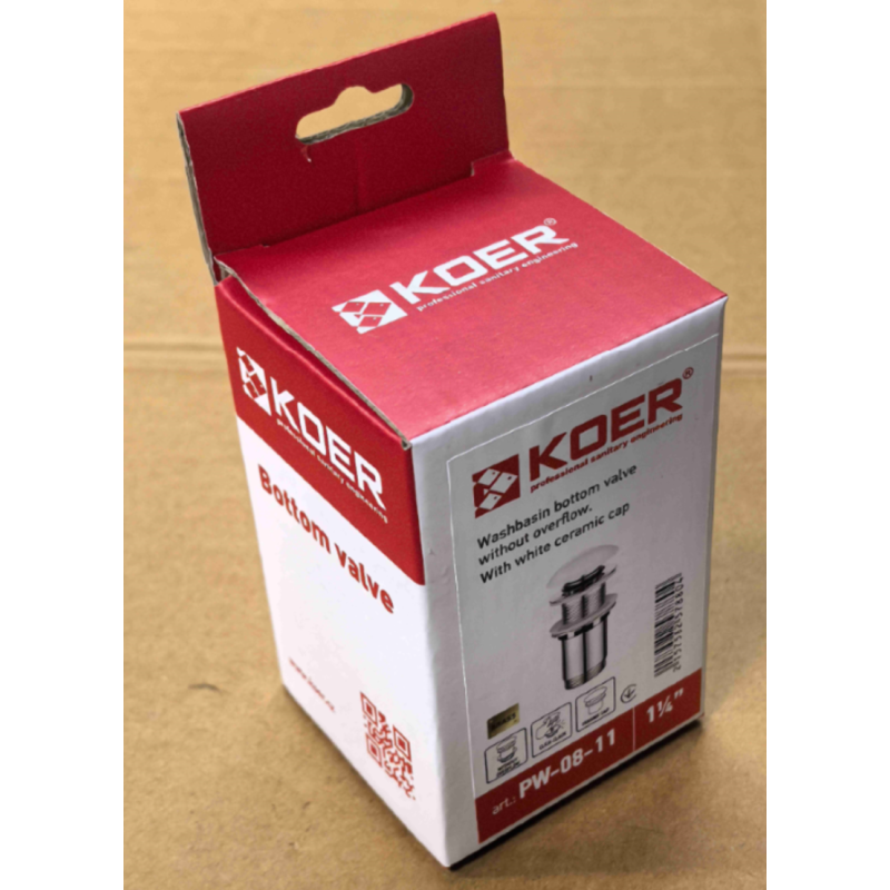 Донный клапан для раковины Koer PW-08-11 1 1/4'' без перелива автоматический СLICK-СLACK (Белая керам.накл) (KR5788)