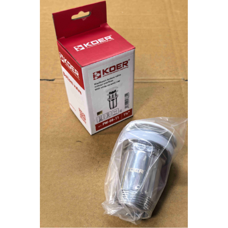 Донный клапан для раковины Koer PW-08-11 1 1/4'' без перелива автоматический СLICK-СLACK (Белая керам.накл) (KR5788)