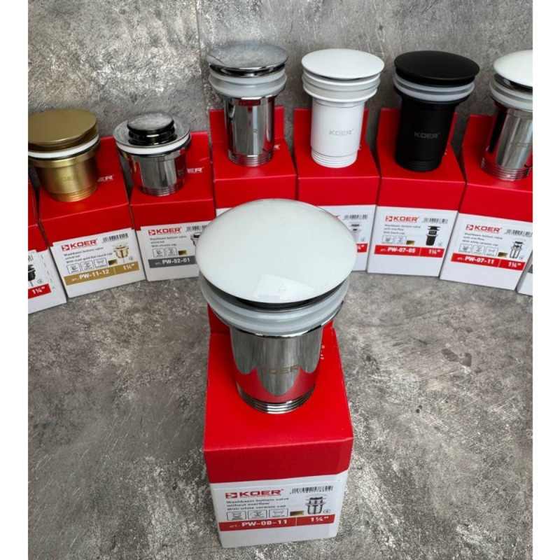 Донный клапан для раковины Koer PW-08-11 1 1/4'' без перелива автоматический СLICK-СLACK (Белая керам.накл) (KR5788)