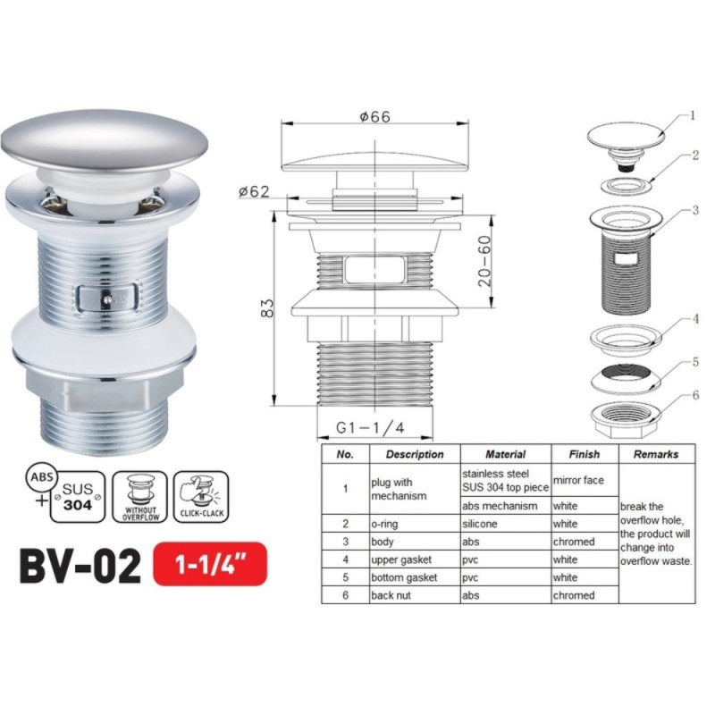 Донный клапан для раковины Zerix BV-02 1 1/4'' без перелива автоматический СLICK-СLACK (Цвет хром) (ZX6015)