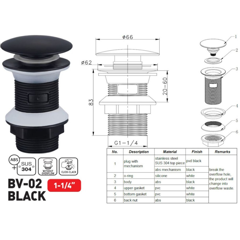 Донный клапан для раковины Zerix BV-02 BLACK 1 1/4'' без перелива автоматический СLICK-СLACK (Цвет черный) (ZX6018)