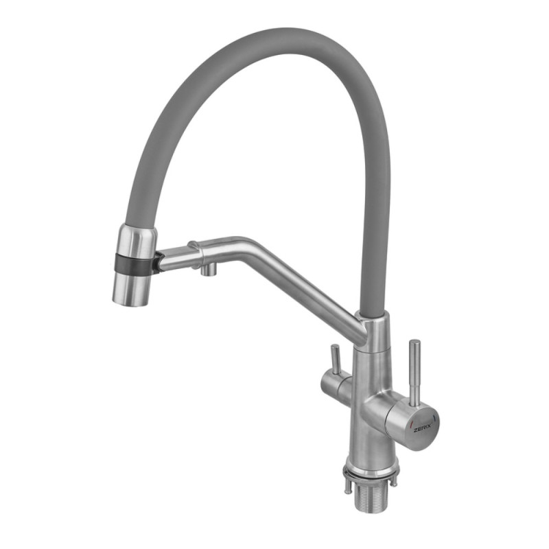 Смеситель для кухни с силиконовым изливом Zerix MAG-021 Refl.Gray из нерж. стали SUS304 с выходом для пит.воды (изл.серый) (ZX6004)