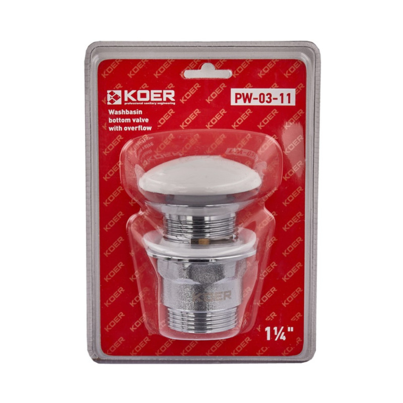 Донный клапан для раковины с переливом Koer PW-03-11 автоматический (Click-Clack) (Белая керамическая накладка) 1 1/4'' (KR3397)