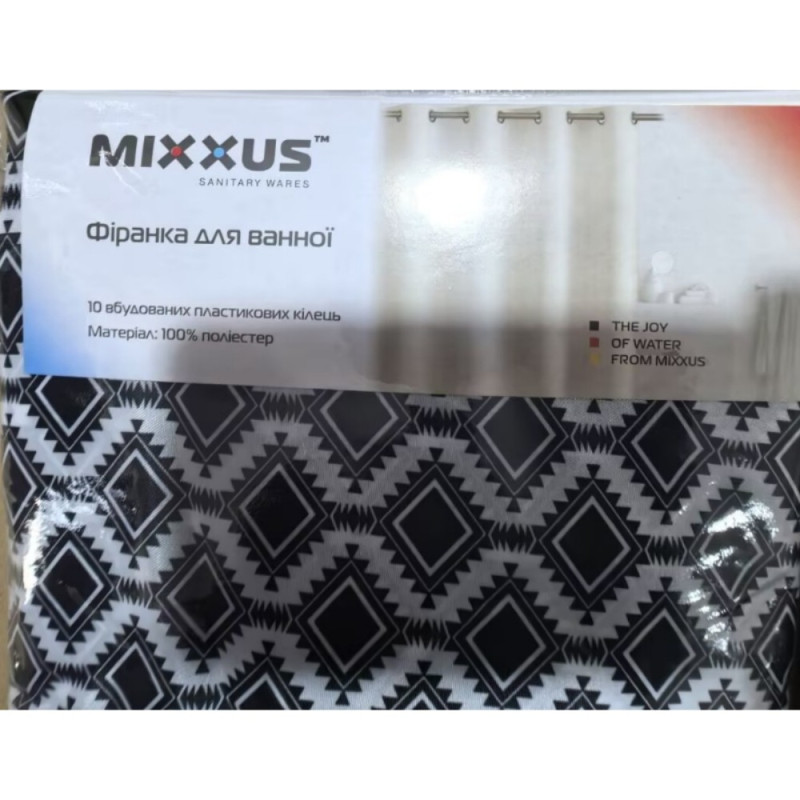 Шторка для ванної Mixxus SCT-007-180x180 з поліестеру із вбудованими кільцями (Візерунок "Соти" чорно-білий) (AC0648)