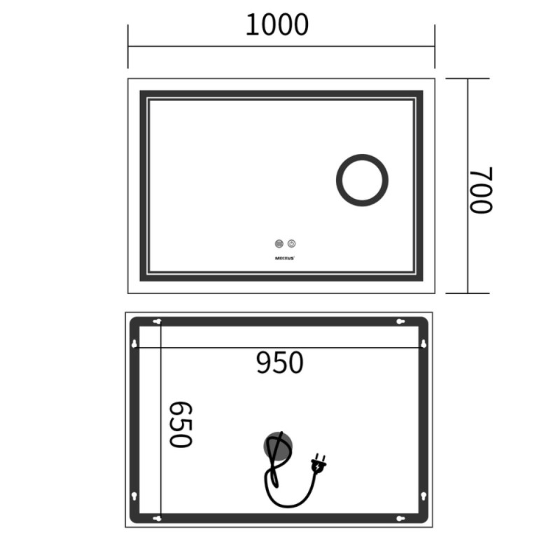 Дзеркало Mixxus Premium QUADRO MR20-100x70 з Led Touch, Anti-fog, димером, регулятором яскравості, лінзою (MP6622)