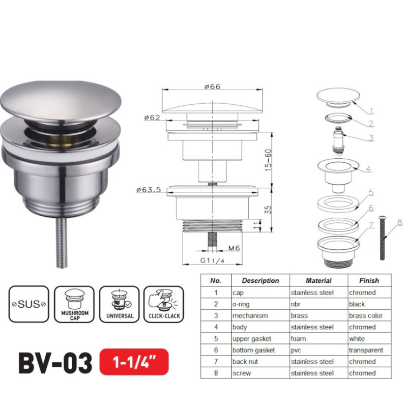 Донный клапан для раковины Zerix BV-03 1 1/4'' универсальный (с/без перл) СLICK-СLACK (Цвет хром) (ZX6019)