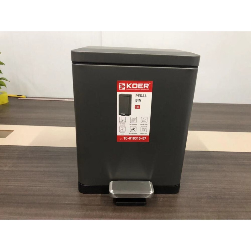 Відро для сміття з плавним закриттям прямокутне Koer TC-010315-07 15 л колір графіт (KR5604)