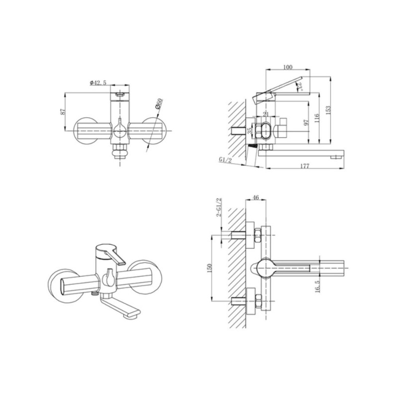 Смеситель для ванны Mixxus Lord 009 Euro Graphite (Цвет графит) (MI7140)
