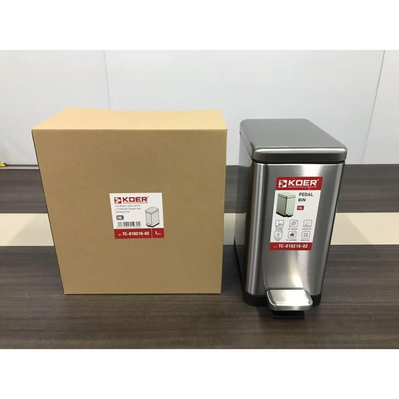 Мусорное ведро с плавным закрытием прямоугольное Koer TC-010210-02 10 л цвет нержавейка (KR5597)