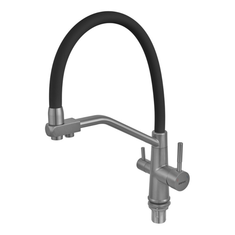 Смеситель для кухни с силиконовым изливом Zerix FUL-021 Graphite Refl.Black из нерж. стали SUS304 с выходом для пит.воды (ZX5999)