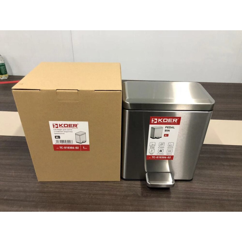 Відро для сміття з плавним закриттям прямокутне Koer TC-010306-02 6 л колір нержавійка (KR5600)