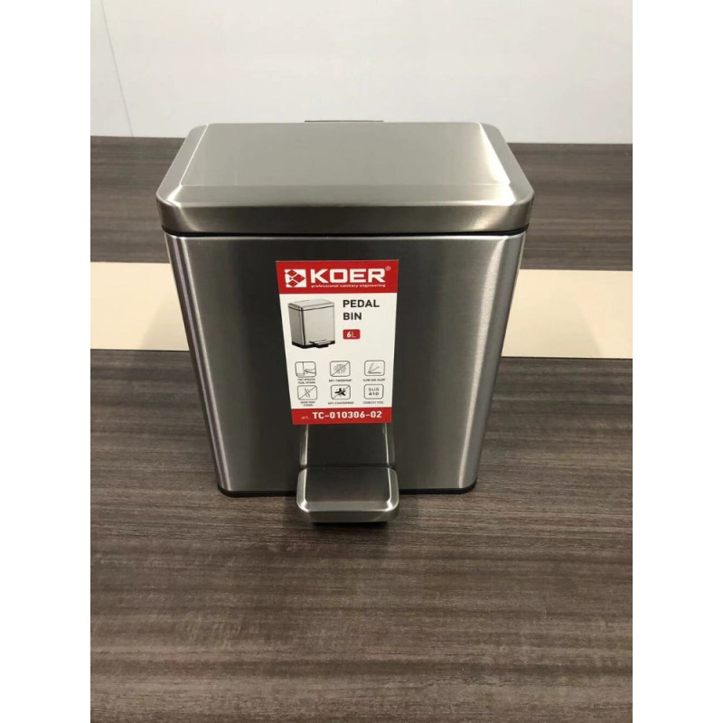 Відро для сміття з плавним закриттям прямокутне Koer TC-010306-02 6 л колір нержавійка (KR5600)
