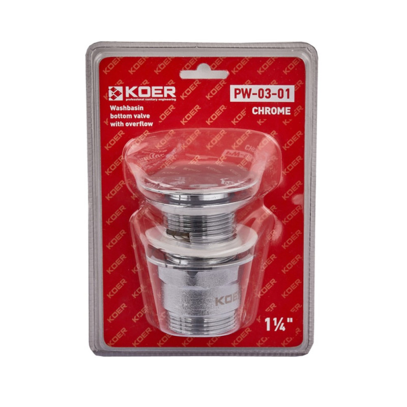 Донный клапан для раковины с переливом Koer PW-03-01 автоматический (Click-Clack) (Цвет хром) 1 1/4'' (KR3394)