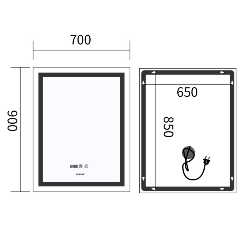 Зеркало Mixxus Premium FLASH MR21-70x90 с Led Touch, Anti-fog, димером, регулятором яркости, часами (MP6618)