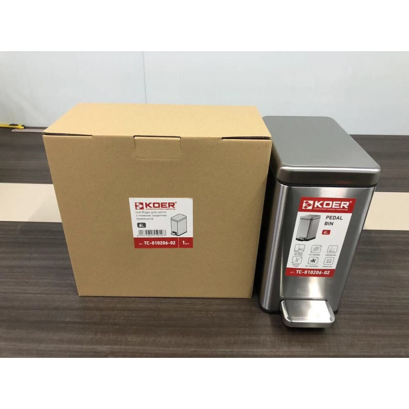 Відро для сміття з плавним закриттям прямокутне Koer TC-010206-02 6 л колір нержавійка (KR5594)