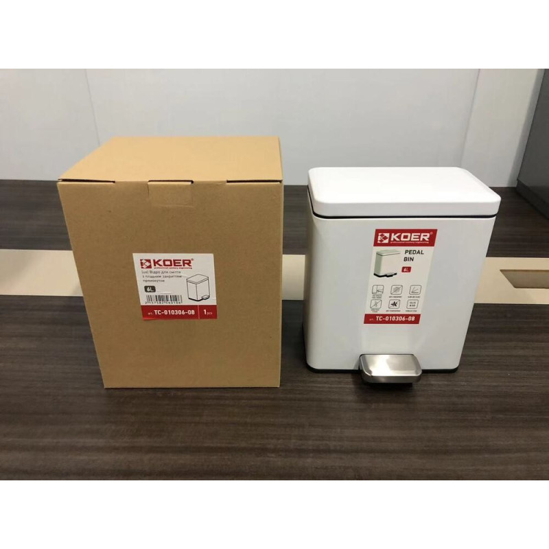 Відро для сміття з плавним закриттям прямокутне Koer TC-010306-08 6 л колір білий (KR5601)