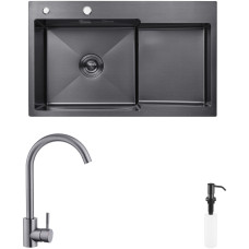 Комплект кухонная мойка Kroner Schwarze-7848LHM PVD + смеситель Edelstahl Klassisch-SCH035PVD + дозатор Spender-SCH049