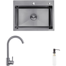 Комплект кухонная мойка Kroner Schwarze-5843HM PVD + смеситель Edelstahl Klassisch-SCH035PVD + дозатор Spender-026