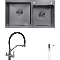 Комплект кухонна мийка Kroner Schwarze-7843ZHM PVD + змішувач Edelstahl Klassisch-PVD03817BLK + дозатор Spender-026
