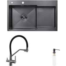Комплект кухонная мойка Kroner Schwarze-7848LHM PVD + смеситель Edelstahl Klassisch-PVD03817BLK + дозатор Spender-026
