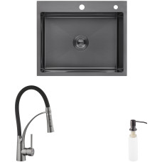 Комплект кухонна мийка Kroner Schwarze-6050HM PVD + змішувач Ersel-GRP03393BLK + дозатор Spender-026