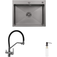Комплект кухонна мийка Kroner Schwarze-6350HM PVD + змішувач Edelstahl Klassisch-PVD03817BLK + дозатор Spender-026