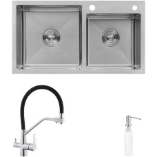 Комплект кухонная мойка Kroner Gebürstet-7843ZHM + смеситель Edelstahl Klassisch-ESG03817BLK + дозатор Spender-016