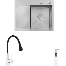 Комплект кухонная мойка Kroner Gebürstet-6350RHM + смеситель Küche-C031BLK + дозатор Spender-ECG049